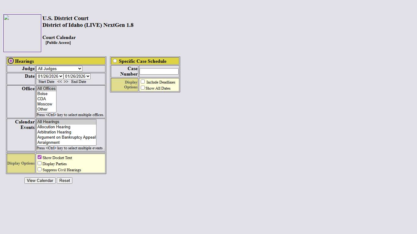District of Idaho Live CM/ECF - U.S. District Court Calendar (Public)1